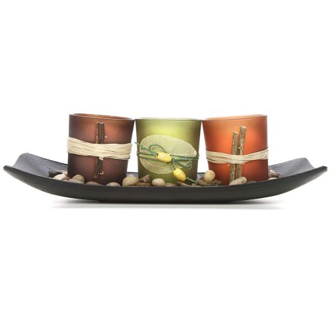Hosley Natural Rustic Candle Tray Including Candle Holders, Tray, & Rocks