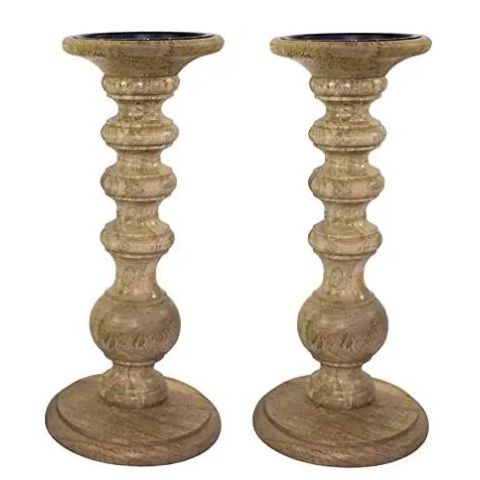 Hosley Set of 2, Rustic Natural Wooden Pillar Candle Holders 