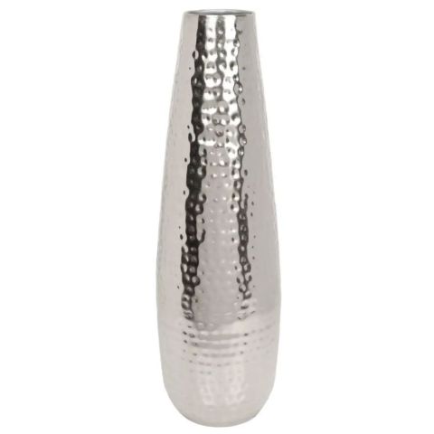 Hosley Teardrop Silver Finish Hammered Metal Vase - 16.5 Inch High