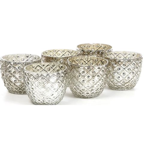 Hosley Set of 6, Metallic Antique Silver Glass Votive Tealight Farmhouse Candle Holders