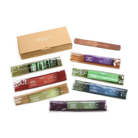 Hosley Assorted 350 Pack Incense Sticks / Approx. 350 grams. Highly Fragranced Incense. Infused with essential oils. Fragrances include: Apple Cinnamon, Tropical Hawaiian Mist, Sandalwood, Linen, Fresh Bamboo, Lemongrass, and Lavender Chamomile