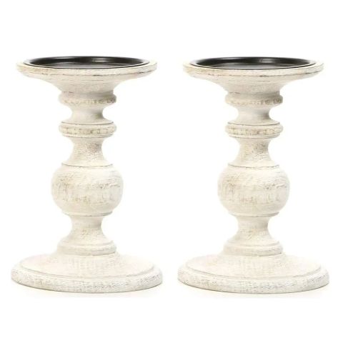 Hosley Set of 2, White Rustic Wooden Pillar Candle Holder