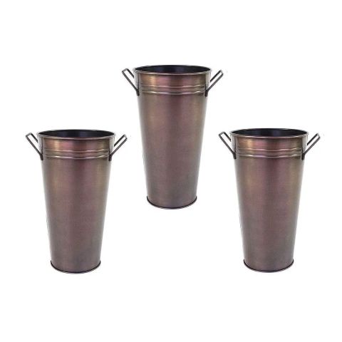 Hosley Set of 3, Antique Bronze Galvanized Floral Vases French Buckets with Handles