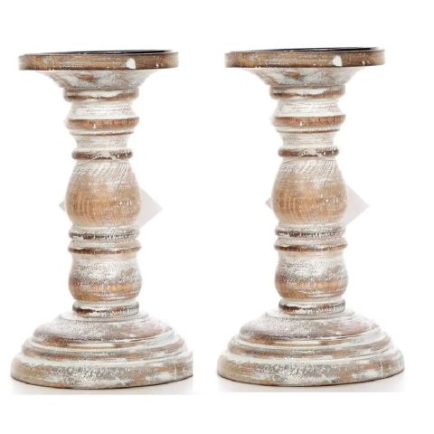 Hosley Set of 2, White Wash Natural Wooden Pillar Candle Holder