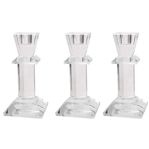 Hosley Set of 3, Clear Crystal Glass Taper Candle Holders - 4.25 Inch High