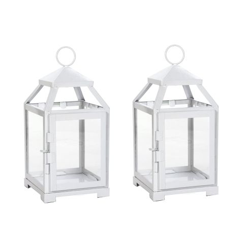 Hosley Set of 2, Clear Glass and White Iron Classic Farmhouse Style Candle Lantern - 12 Inch High