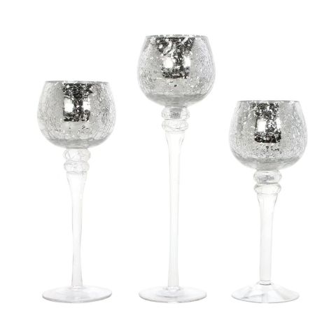 Hosley Set of 3, Silver Metallic Crackle Glass Tealight Candle Holders