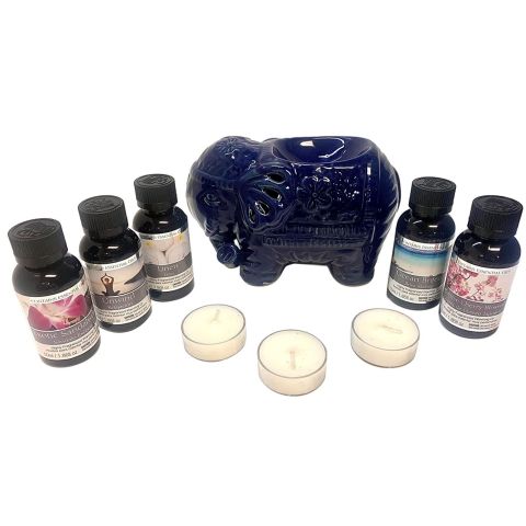 Hosley Blue Elephant Designed Ceramic Oil Warmer Gift Set