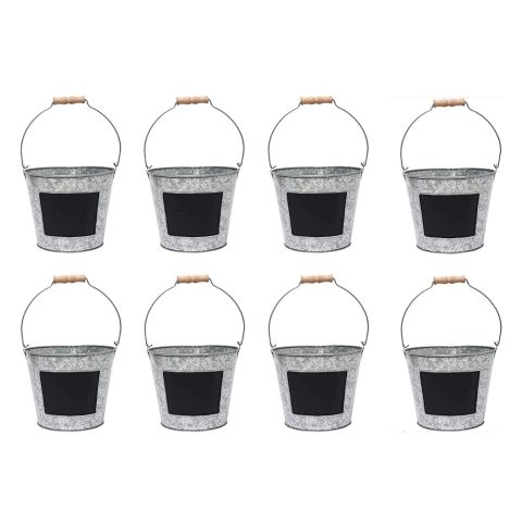 Hosley Set of 8, Metal Pail with Chalkboard - 7.5 Inch Diameter