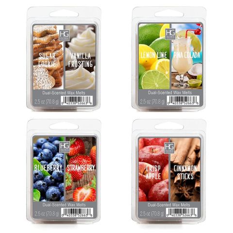 Hosley's 2.5 oz Set of 4 Assorted Wax Cubes. Fragrances include: Crisp Apple / Cinnamon Sticks, Sugar Cookies / Vanilla Frosting, Lemon Lime / Pina Colada , and Blueberry / Strawberry.