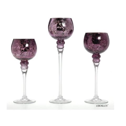 Hosley 3 Assorted Purple Crackle Glass Tealight Candle Holders