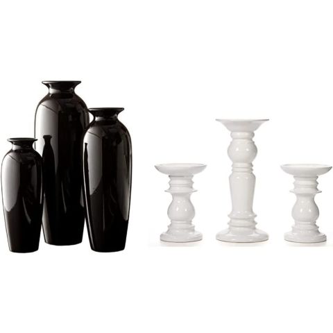 Hosley Set of 3 Black Ceramic Vases & Set of 3 Ceramic White Pillar Candle Holders