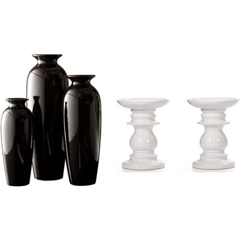 Hosley Set of 3 Black Ceramic Vases & Hosley Set of 2 Ceramic White Pillar Candle Holders