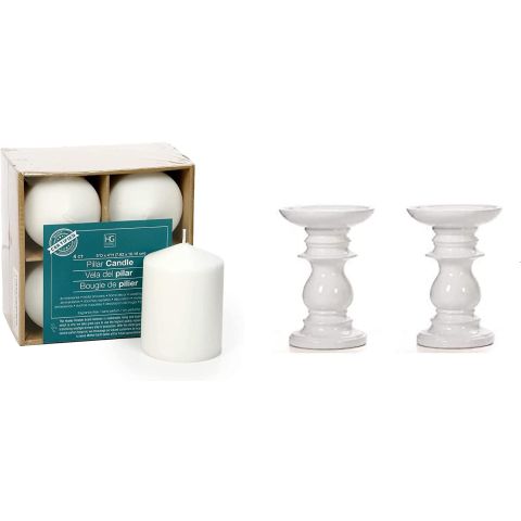 Hosley Set of 4 White Unscented Pillar Candles & Set of 2 Ceramic White Pillar Candle Holders