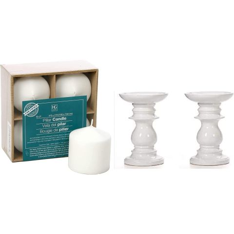 Hosley's Set of 4, White Unscented Pillar Candles & Set of 2 White Ceramic Pillar Candle Holders