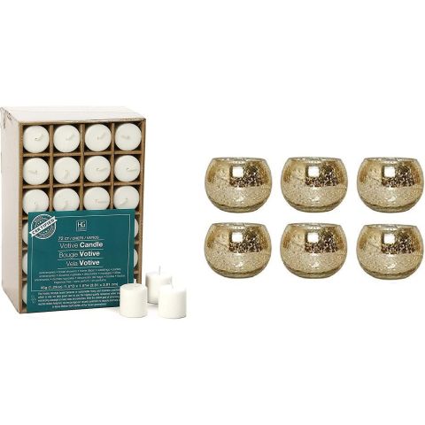 Hosley’s Set of 72 White Unscented Votive Candles & Set of 6 Gold Crackle Glass Tealight Candle Holders