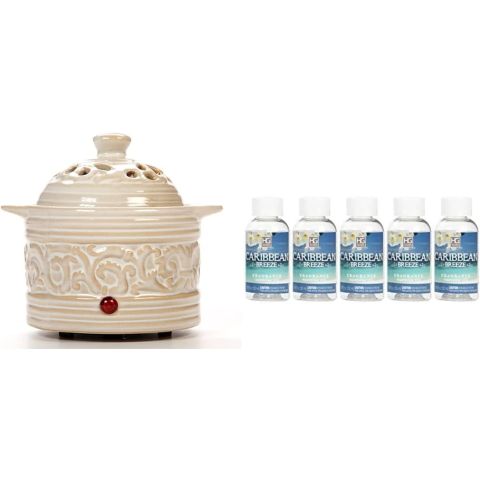 Hosley Cream Electric Potpourri Warmer & Hosley Set of 5, 55 ml. Caribbean Breeze Scented Warming Oils