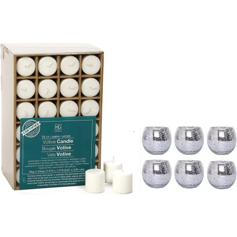 Hosley's Set of 72 White Unscented Votive Candles & Set of 6 Silver Crackle Glass Tealight Holders
