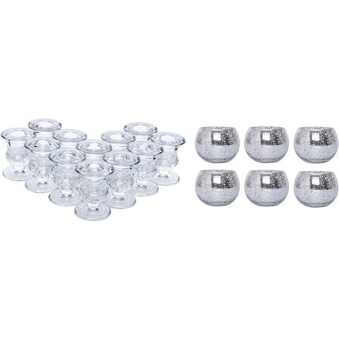 Hosley Set of 12 Glass Taper Candle Holders & Hosley Set of 6 Silver Crackle Glass Tealight Candle Holders