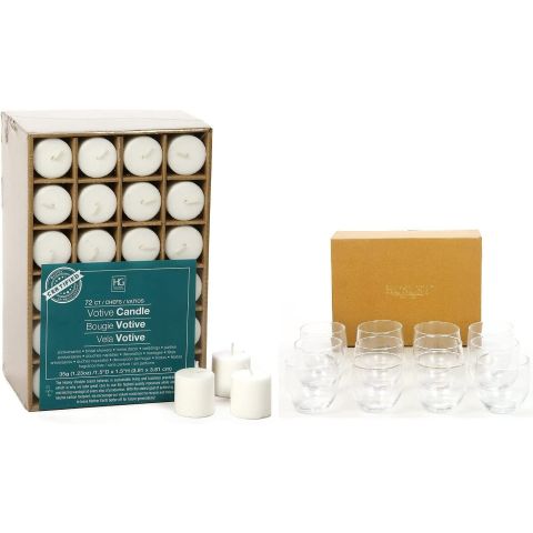 Hosley's Set of 72 White Unscented Votive Candles & Set of 12 Clear Glass Tealight Candle Holders