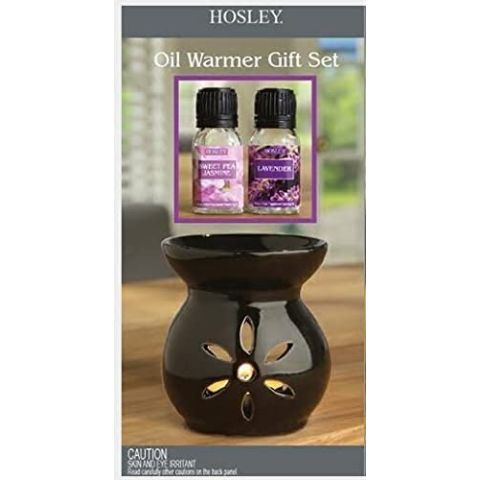 Hosley Black Ceramic Oil Warmer Gift Set with (2) 10 ml Warming Oils - Use with Tealight Candles